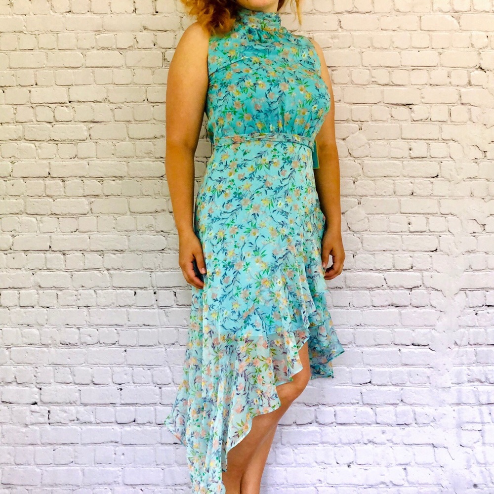 NWT CeCe asymmetrical Aqua Floral Dress Party
